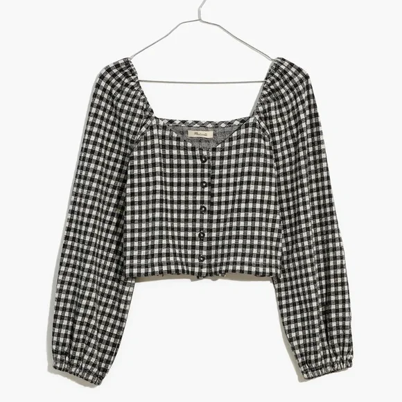 MADEWELL Gingham Puff-Sleeve Button-Front Crop Top - Picture 2 of 12